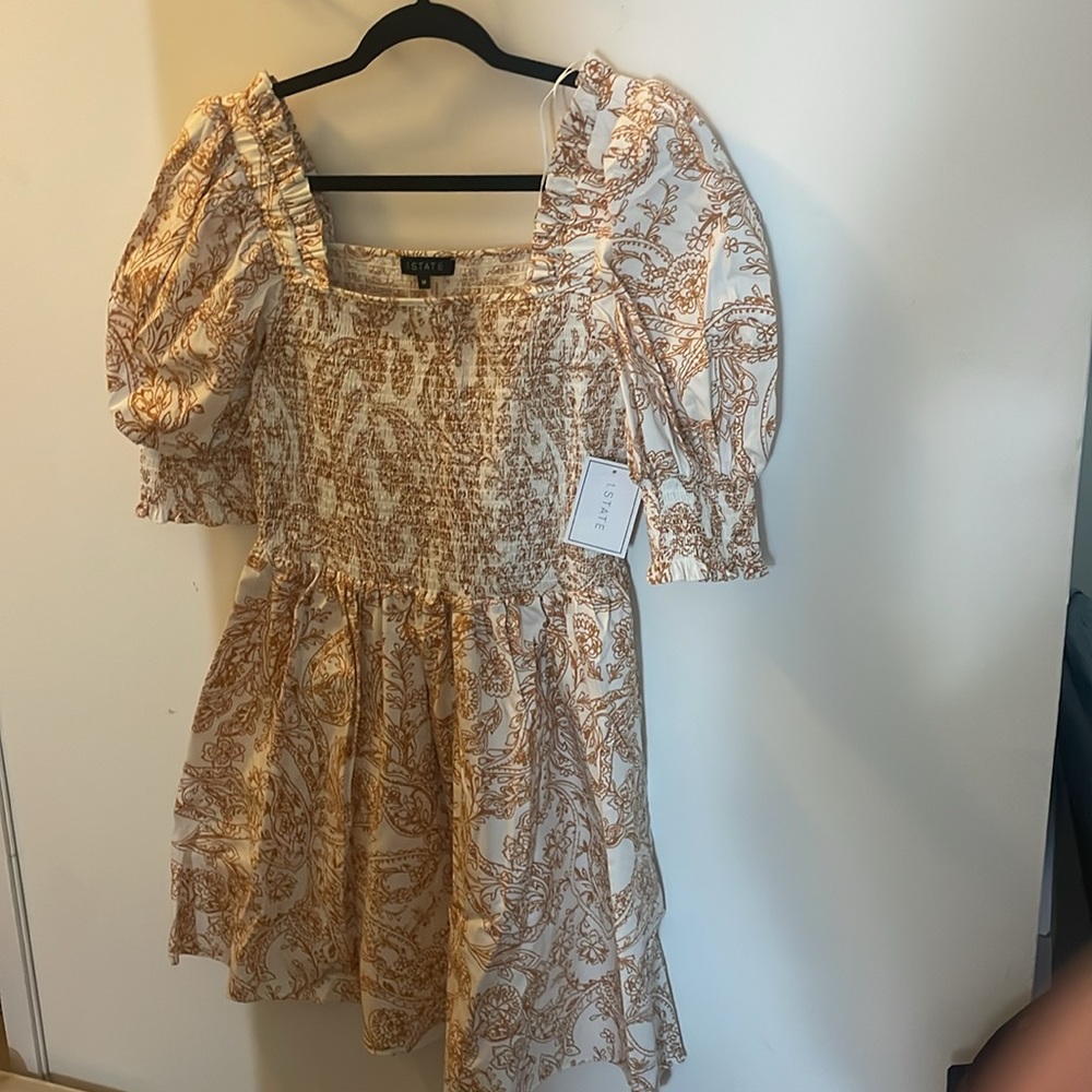 1.State -Orange puff sleeve dress